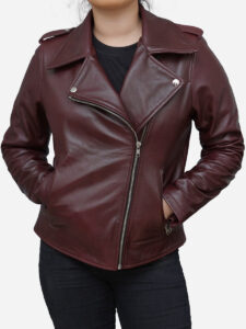 women's burgundy leather biker jacket