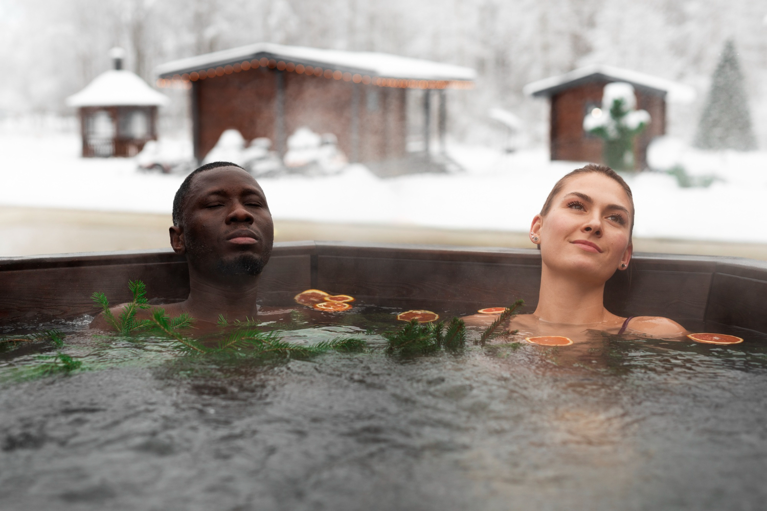 a couple relaxing in ice fountain spa