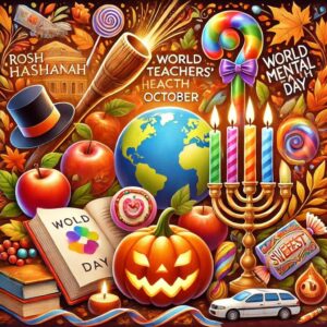 Vibrant representation of October celebrations including Rosh Hashanah, World Teachers' Day, World Mental Health Day, Sweetest Day, Halloween, and Diwali, with symbolic elements such as a shofar, globe, heart, sweets, jack-o'-lantern, and oil lamps.