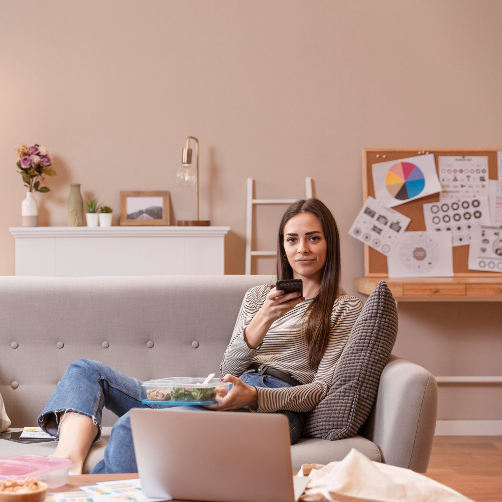 a girl sitting on a couch and using her laptop