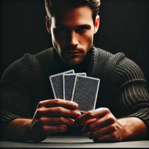 man playing teen patti game, holding 3 cards