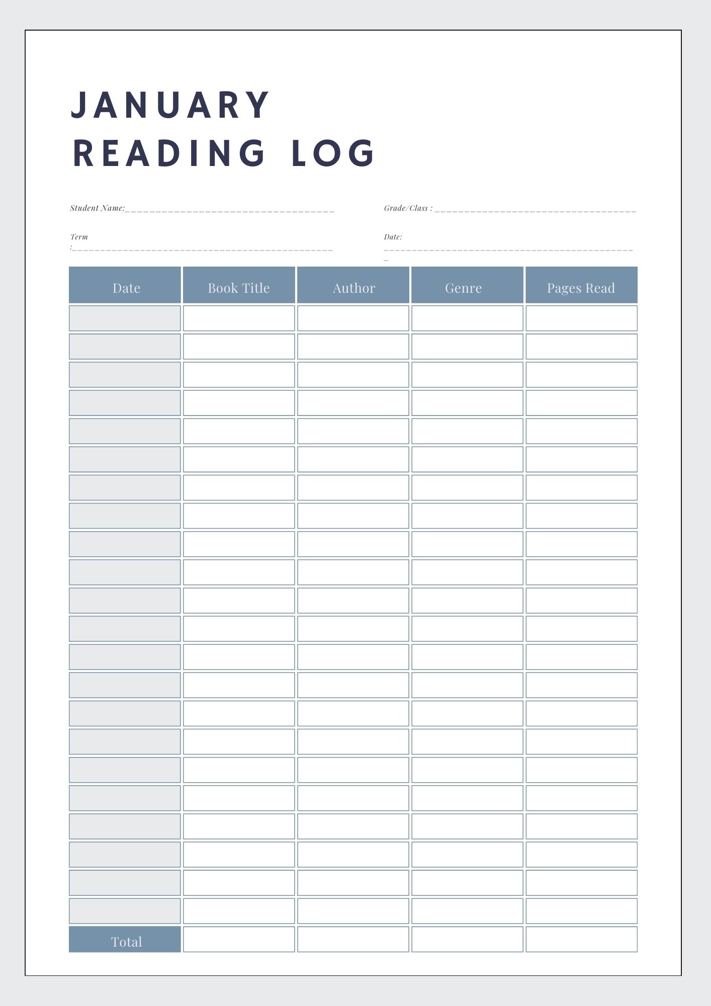 January Readıng log Printable