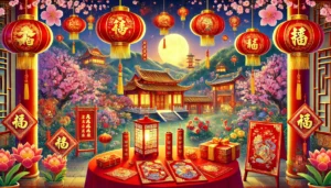 A vibrant Chinese New Year celebration scene with red and gold lanterns, a table adorned with festive cards and red envelopes, surrounded by blooming plum blossoms, and a serene garden under a glowing full moon.