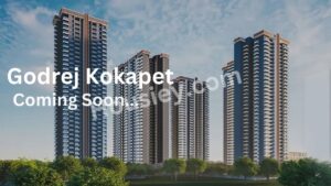 "Godrej Kokapet – Aerial view of a modern residential development showcasing luxurious apartments, landscaped gardens, and contemporary design in Kokapet, Hyderabad."