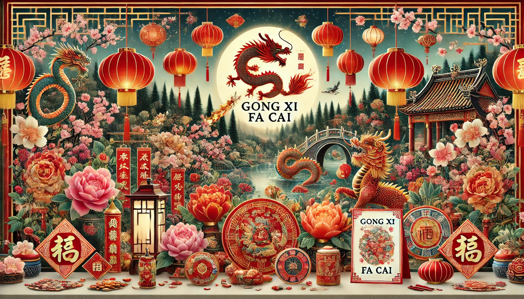 A festive scene celebrating Chinese New Year with vibrant red lanterns, firecrackers, a dragon and lion dance motif, zodiac animal illustrations, and a table displaying beautifully designed cards featuring plum blossoms and peonies, set against a serene garden backdrop with bamboo and pine trees under a glowing full moon.